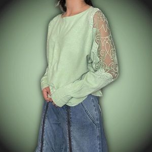 Green Mesh Shoulder Top Sweater